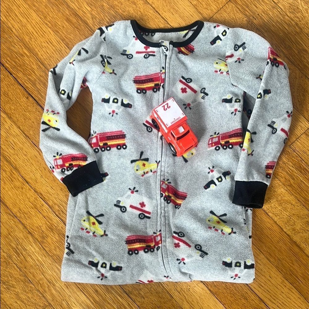 Gray Zip-Up Pajama with Fire Truck Print + Toy 🚒 Ambulance Truck!